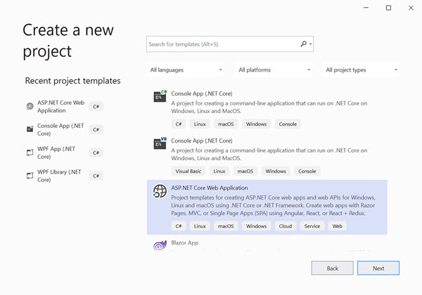 Create a new ASP.NET Core Web Apllication project in CSharp
